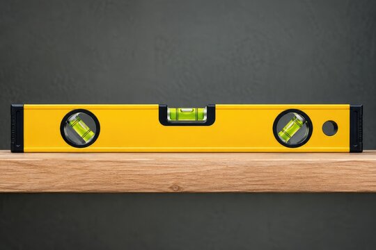 Yellow spirit level resting on wooden surface with three green bubble vials, professional construction measuring tool photographed against a dark background for alignment and accuracy