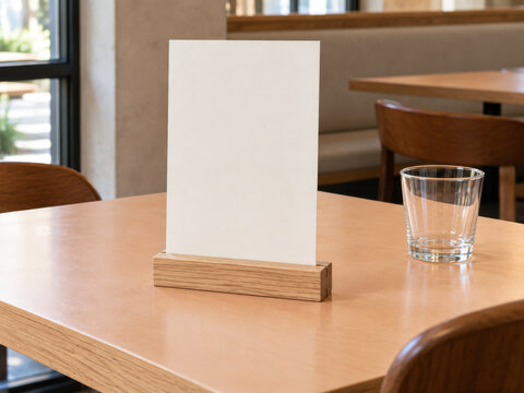 Blank menu card in a wooden holder on a cafe table