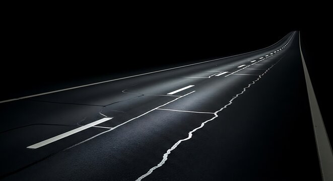 Empty dark road stretching into distance with white lines