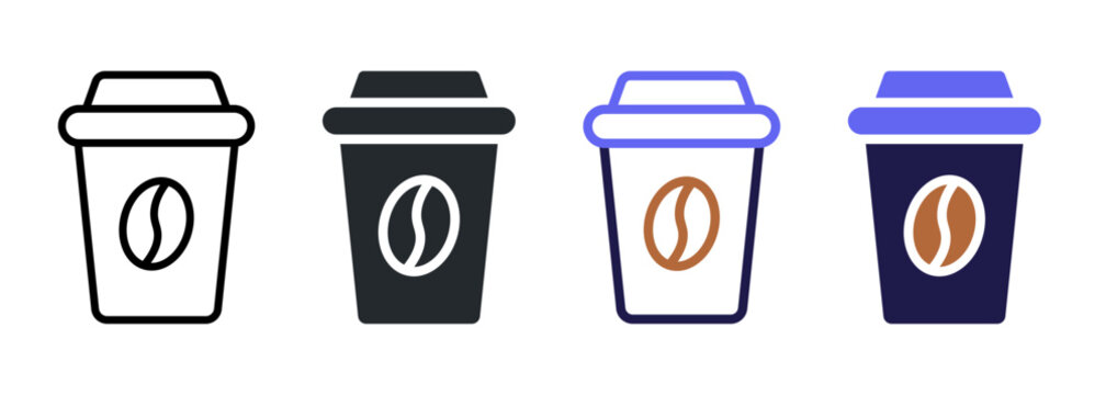 Disposable coffee cup icon with paper take away cup and coffee bean symbol. Transparent vector illustration