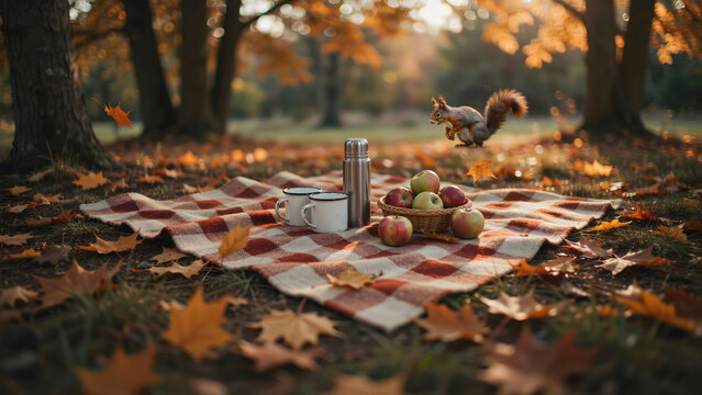 Picnic blanket with apples and thermos in an autumn forest with a squirrel jumping in the background, among fallen yellow, and brown leaves