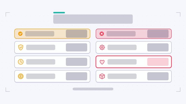 Seamless 4K looping animation of a pros cons infographic template with items cascading. Flat vector shapes, icons and grey text placeholders animate on a clean light background in orange and amber ton