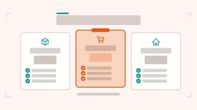 Animated option comparison infographic in a modern flat vector style, cards highlighting in a smooth 4K loop. Blank text placeholders and orange and amber accents sit on a bright light background so h