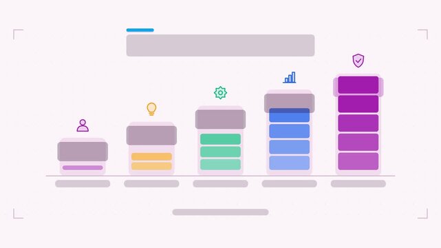 Animated level progression infographic in a modern flat vector style, levels cascading in a smooth 4K loop. Blank text placeholders and blue and azure accents sit on a bright light background so headi
