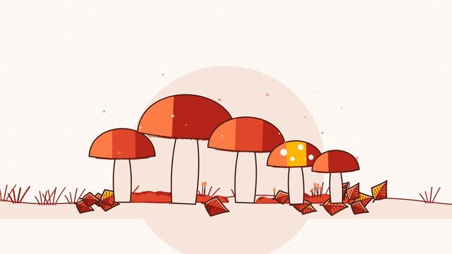Gentle 4K seamless loop showing forest mushrooms caps quivering spores in a clean flat vector style with warm red and coral colours and a bright light backdrop. Slow natural movement and generous copy