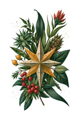 Fototapeta premium PNG Festive botanical star arrangement with lush green leaves and berries