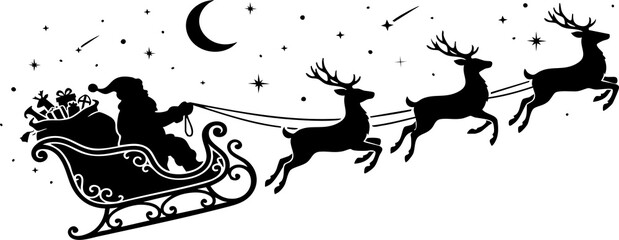 Black silhouette of Santa Claus in sleigh with reindeer, flying at night with a crescent moon and stars, Christmas holiday design element, festive vector illustration for seasonal greeting cards © Zunayed