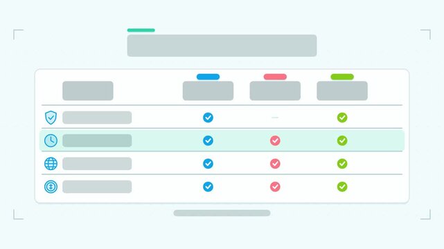 Animated feature matrix infographic in a modern flat vector style, marks highlighting in a smooth 4K loop. Blank text placeholders and blue and azure accents sit on a bright light background so headin