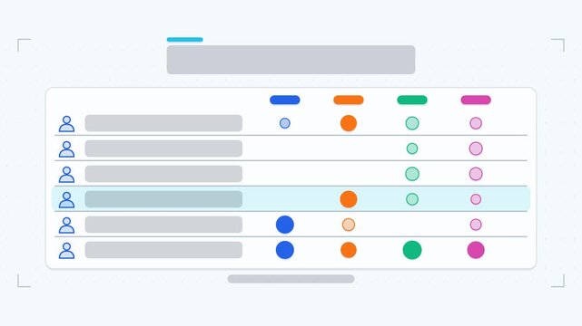Seamless 4K looping animation of a matrix structure infographic template with marks highlighting. Flat vector shapes, icons and grey text placeholders animate on a clean light background in blue and a