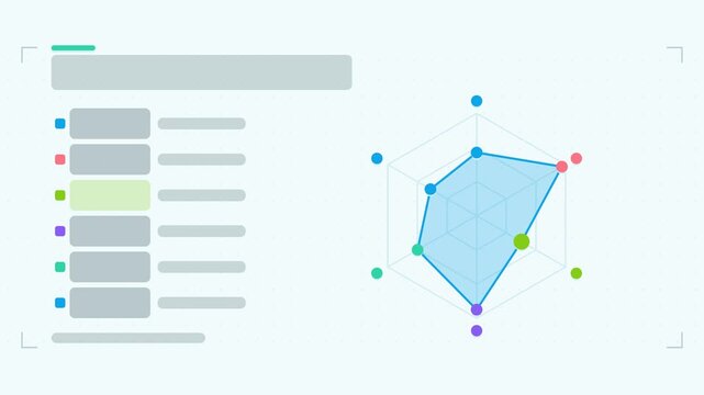 Animated capability radar infographic in a modern flat vector style, profile expanding in a smooth 4K loop. Blank text placeholders and blue and azure accents sit on a bright light background so headi