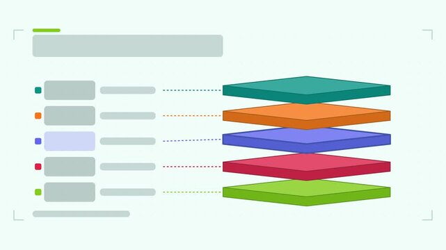 Animated layered stack infographic in a modern flat vector style, layers assembling in a smooth 4K loop. Blank text placeholders and teal and turquoise accents sit on a bright light background so head