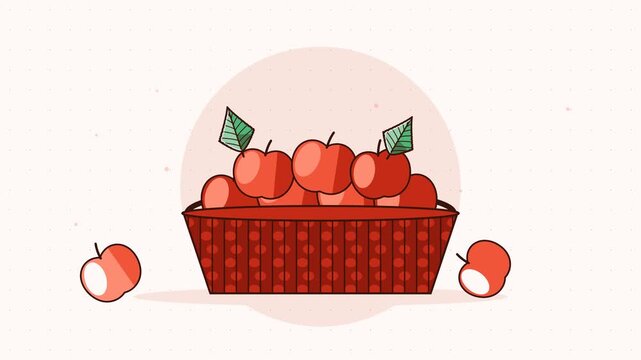 Gentle 4K seamless loop showing apple basket top apples rolling in a clean flat vector style with warm red and coral colours and a bright light backdrop. Slow natural movement and generous copy space.