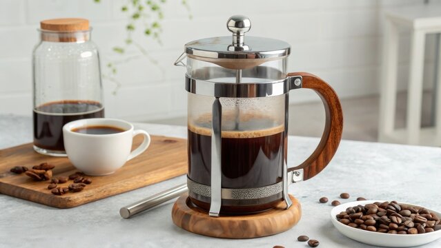 Freshly brewed coffee in a French press on a wooden table with coffee beans and a cup nearby