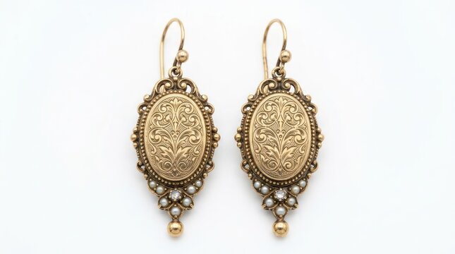 Elegant gold ornate oval dangle earrings detailed floral pattern isolated on white