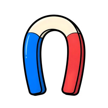 Comic style illustration of a classic red and blue horseshoe magnet on a white background. Perfect for science and physics concepts.