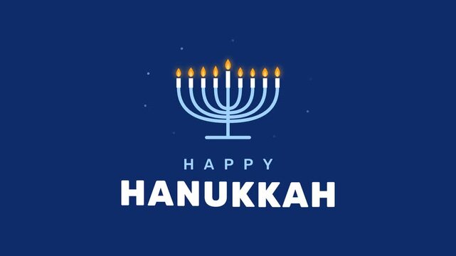 Happy Hanukkah Greeting with Traditional Menorah, Burning Candles, and Festive Blue Background in Flat Design