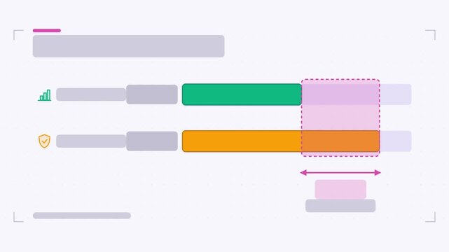 Seamless 4K looping animation of a gap analysis infographic template with gap highlighting. Flat vector shapes, icons and grey text placeholders animate on a clean light background in orange and amber