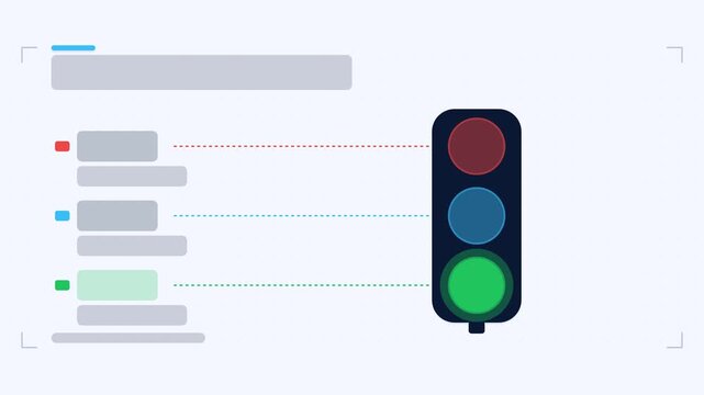 Animated traffic light status infographic in a modern flat vector style, highlighting in a smooth 4K loop. Blank text placeholders and blue and azure accents sit on a bright light background so headin