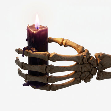 3D Render of a Detailed Human Skeleton Hand Holding a Burning Dark Purple Candle Isolated on a Clean White Background for Halloween Decorations and Mystical Occasions