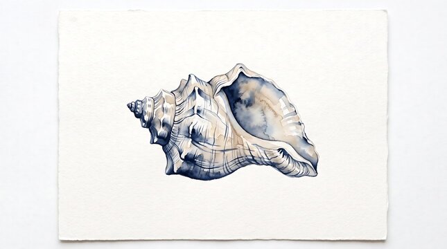 Watercolor illustration of a detailed seashell painted on textured artistic paper background
