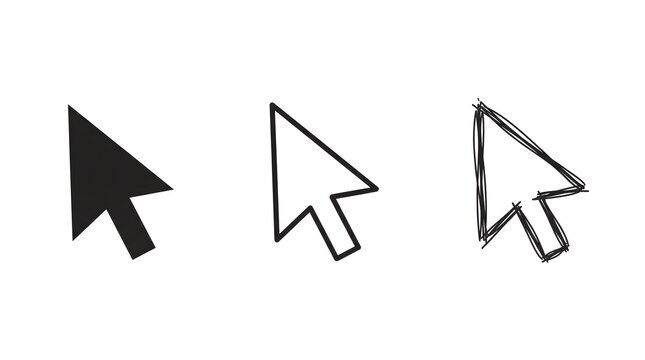 Mouse cursor pointer icons set in black and white styles for computer interface design