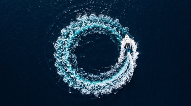 High angle aerial view of a small motorboat cruising in circles creating a stunning wake pattern