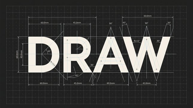 Graphic design blueprint featuring the word draw with technical drafting lines and dimensions