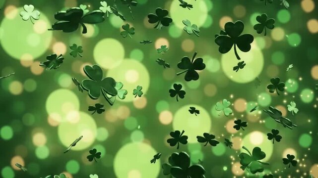 St. patrick&rsquo;s day background, with falling green, shamrocks and golden, bokeh lights animation, st. patrick's day
