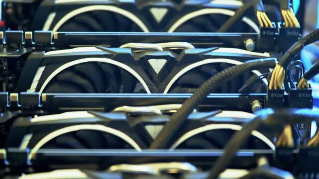 Deep rows of graphics cards dense parallel GPU mining array recede through a cool blue closeup with many fans and PCIe power leads forming a dense parallel GPU mining array