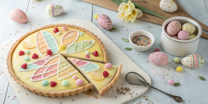 Delicious fruit tart decorated with pastel colors and Easter eggs for a festive spring celebration