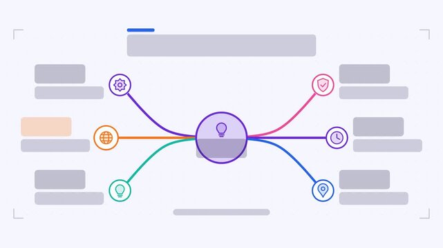 Seamless 4K looping animation of a mind map infographic template with branches expanding. Flat vector shapes, icons and grey text placeholders animate on a clean light background in purple and violet 