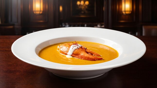 Luxury French saffron lobster bisque featuring rich creamy vibrant orange seafood broth elegantly presented in a moody fine dining restaurant with warm glowing background ambient bokeh illumination