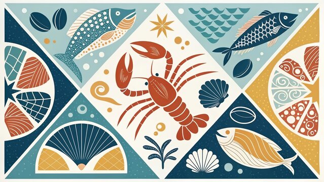 Geometric seafood pattern featuring fish, shrimp, and lobster in vibrant mosaic design for coastal decor