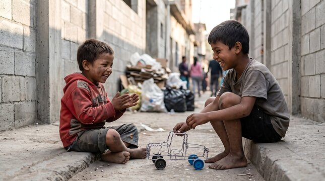 Two joyful young boys sitting barefoot in an alleyway, laughing and playing together with a handmade wire toy car, showing resilience and hope despite poverty.