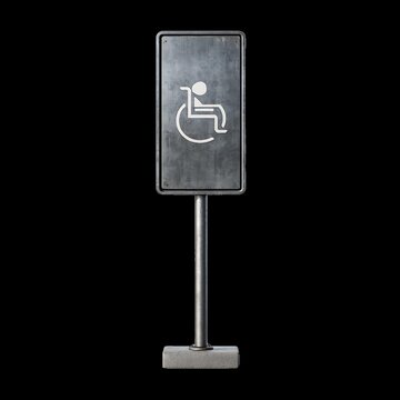 2. A photorealistic freestanding wheelchair accessibility sign on a slim galvanized metal post with a simple rectangular sign panel displaying only a universal accessibility symbol, realistic