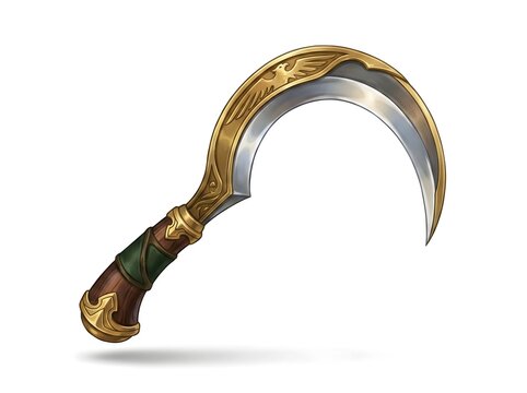 Fantasy-themed ornate sickle with golden details on white background