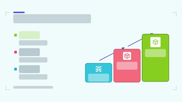 Seamless 4K looping animation of a upsell path infographic template with steps assembling. Flat vector shapes, icons and grey text placeholders animate on a clean light background in teal and turquois