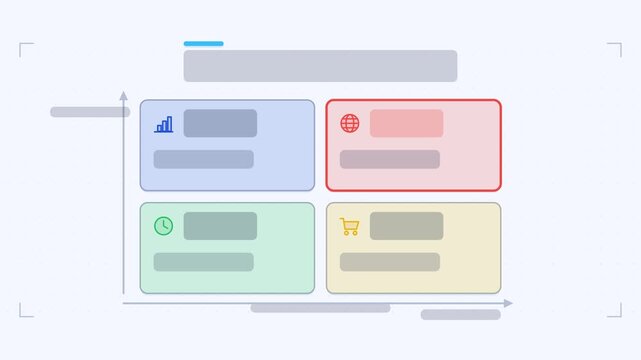 Animated matrix quadrants infographic in a modern flat vector style, quadrants assembling together in a smooth 4K loop. Blank text placeholders and fresh green accents sit on a bright light background