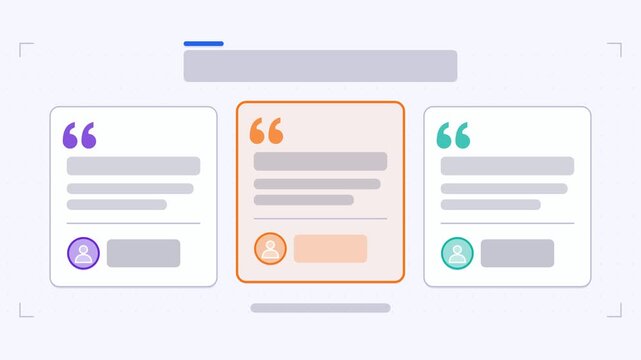 Animated testimonial cards infographic in a modern flat vector style, quotes highlighting in a smooth 4K loop. Blank text placeholders and orange and amber accents sit on a bright light background so 
