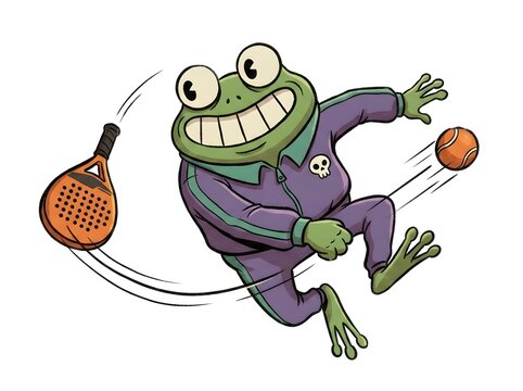 Cartoon frog playing padel in a purple tracksuit with a smile