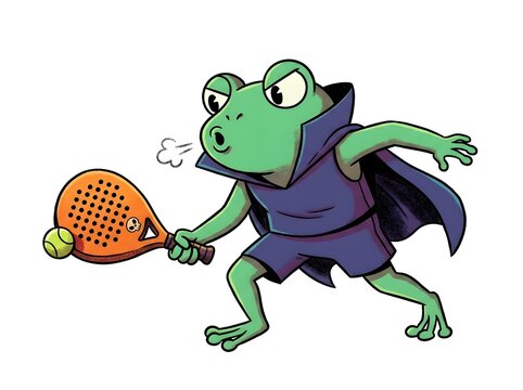 Cartoon frog playing tennis in superhero costume