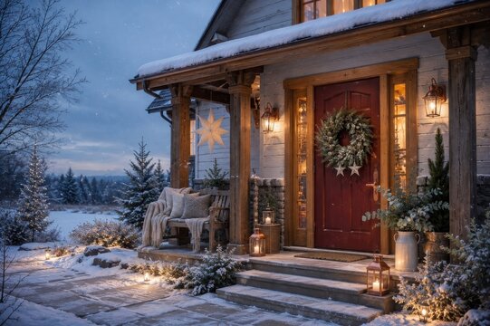 Cozy snow covered cabin porch with festive Christmas decor