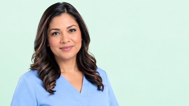 Trustworthy Latina Patient Care Coordinator Portrait with Copy Space for Healthcare Communication, Patient Support, Medical Services and Hospital Marketing