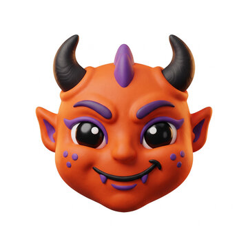 3D Render of a Cute Cartoon Devil Character Face with Orange Skin, Purple Horns and Devilish Smile, Isolated on a Clean White Background for Halloween Graphic Design Projects
