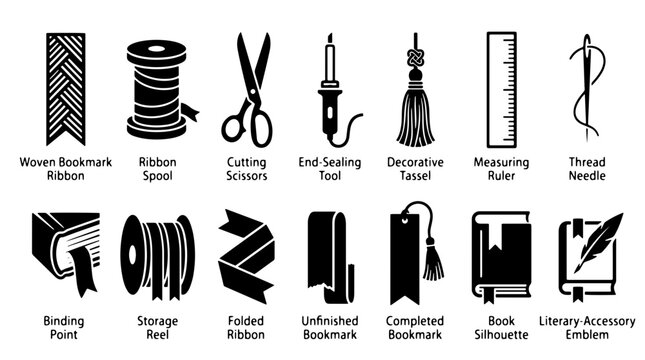 Black bookbinding tools icon set, sewing supplies vector collection with scissors and ribbon spools for DIY crafts, monochrome graphic design elements