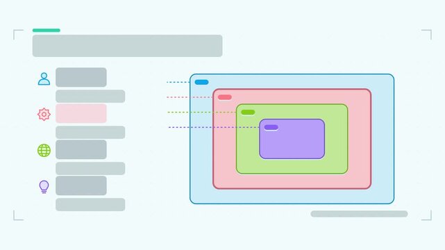 Animated hierarchy levels infographic in a modern flat vector style, boxes expanding in a smooth 4K loop. Blank text placeholders and fresh green accents sit on a bright light background so headings a