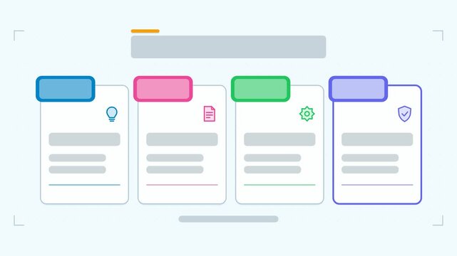 Animated numbered cards infographic in a modern flat vector style, cards assembling in a smooth 4K loop. Blank text placeholders and blue and azure accents sit on a bright light background so headings