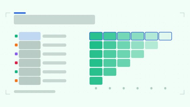 Seamless 4K looping animation of a retention cohorts infographic template with cells cascading. Flat vector shapes, icons and grey text placeholders animate on a clean light background in fresh green 