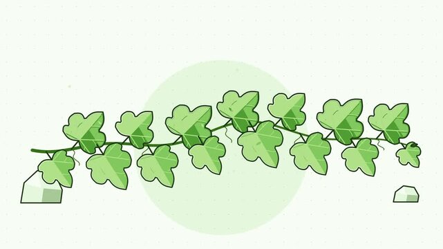 Gentle 4K seamless loop showing ivy vine growing across frame in a clean flat vector style with fresh green colours and a bright light backdrop. Slow natural movement and generous copy space. Widescre