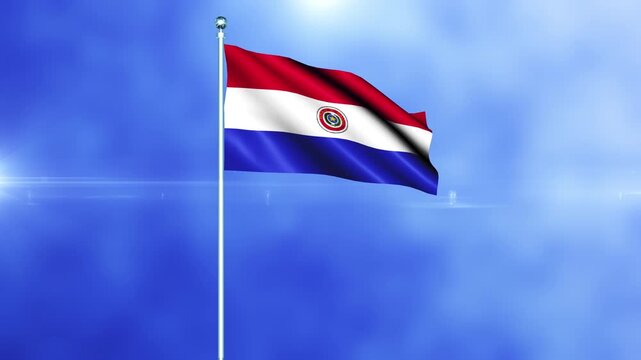 Paraguay national flag waving in the wind against a blue sky background loop animation